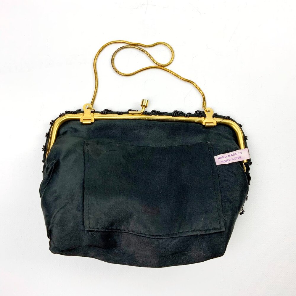 Vintage 60s Black Satin Silk Beaded and Sequined Evening Party Clutch/Bag - Picture 12 of 16